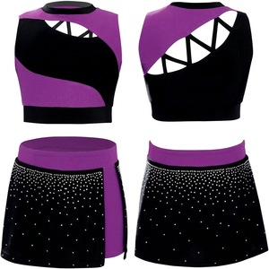 Ensemble uniforme de pom-pom girl violet et noir, haut court sans manches, jupe à fermetures éclair, design ajouré, taille haute, fermeture élastique, séchage rapide - Product Image 1