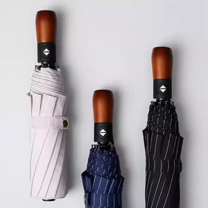 <span class=keywords><strong>Parapluie</strong></span> semi-automatique personnalisable à 3 volets avec manche en bois givré pour hommes, coupe-vent à rayures transparentes - Product Image 4