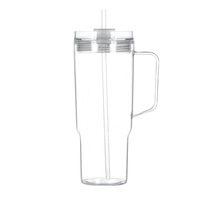 Gobelet isotherme transparent en plastique pour adultes avec couvercle plat, double paroi, paille intégrée, anti-fuite et réutilisable pour la salle de sport