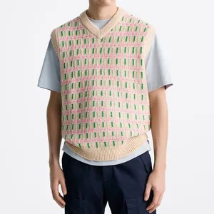 Qualidade Men Sweater Fornecedor Designer V Neck mangas extravagante contraste padrão listrado acrílico lã malha camisola colete homens