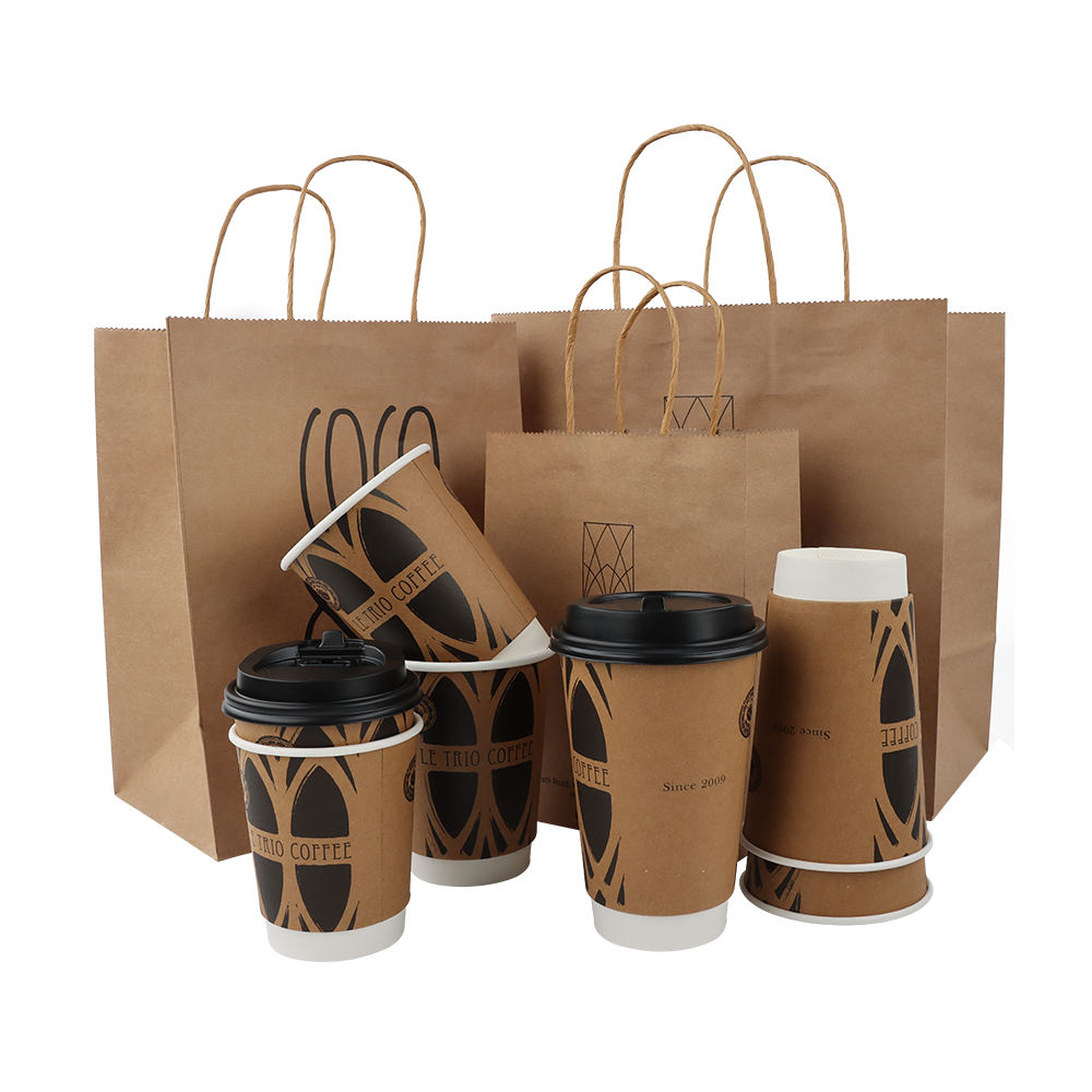 Biodegradable Customized paper bag brown shopping packaging with handle kraft paper bag for coffee shop bakery
