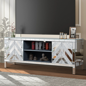 Mirrored TV <b>Stand</b> 65+ Inch Silver Console Table M Shape Sparkling <b>Mirror</b> Open Storage with 2 Cabinets - Product Image 4