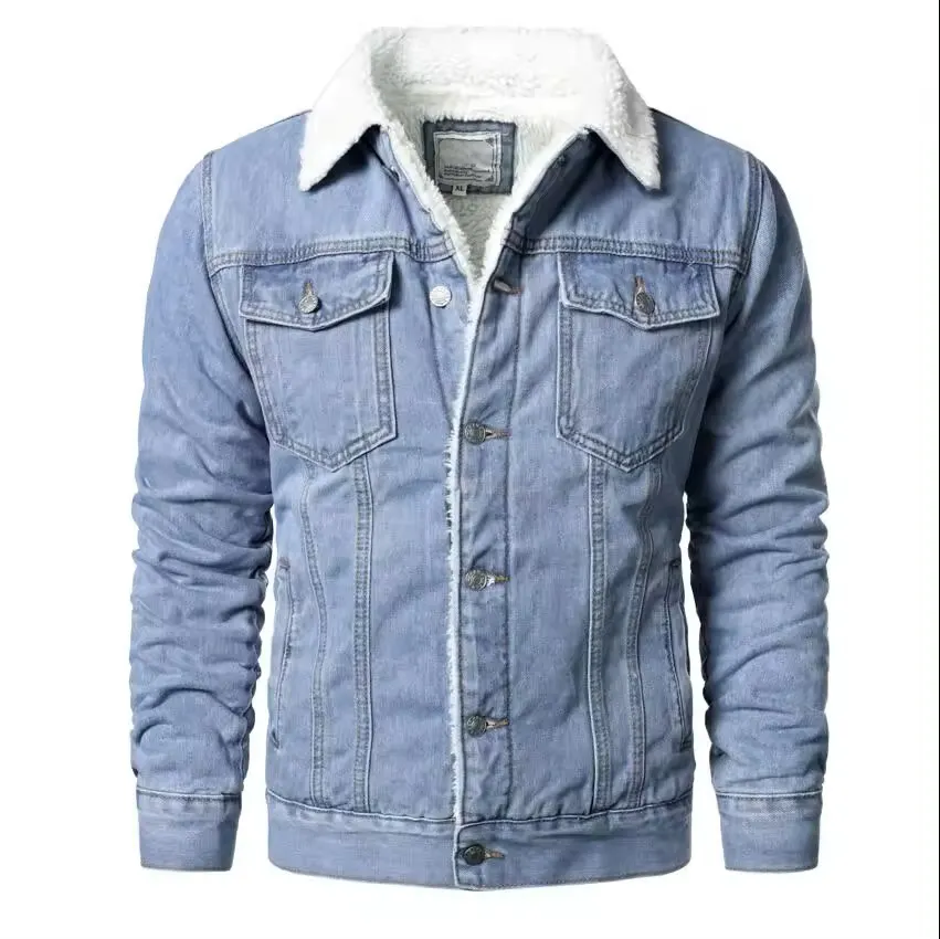 Jaket jins hangat musim dingin tebal mantel hangat jaket Denim biru muda Pria