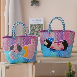 Handmade Basket <strong>Bag</strong> Cute Dog Applique Tote Multi-Color Handbag Summer Vacation <strong>Straw</strong> <strong>Beach</strong> <strong>Bag</strong> for Woven Gift Basket <strong>Bag</strong> - Product Image 1