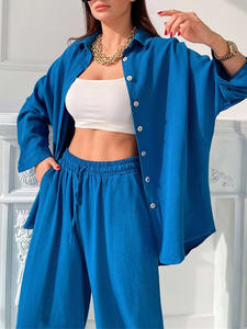 Herfst 2025 Trendy Dameskleding Casual Pak Effen Kleur Shirt Met Lange Mouwen En Harembroek <span class=keywords><strong>2</strong></span>-delige Set - Product Image 5