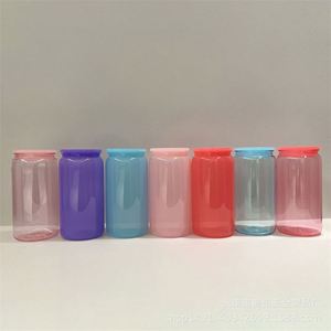 Ready Stock 16Oz Iridescent Frosted <b>Clear</b> Colored Jelly 16 Oz Plastic Beer Can Cup <b>With</b> <b>Lid</b> and Straw - Product Image 3