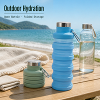 Bouteille d'eau pliable en silicone 500 ml avec couvercle en acier inoxydable, mousqueton et design de voyage pliable