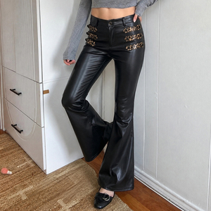 Pantalones Casuales Negros de Cintura Alta para Mujer, Estilo Y2K, con Estampado de Leopardo, Detalle de Botones, de Piel Sintética, Corte Recto, Novedad de Otoño - Product Image 1