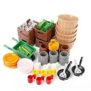 Blok Bangunan Kota Barrow Barrel Piring Mug Pan Pot Keranjang Botol Anggur Set Mainan untuk Anak-anak Cocok MOC Citys Aksesoris