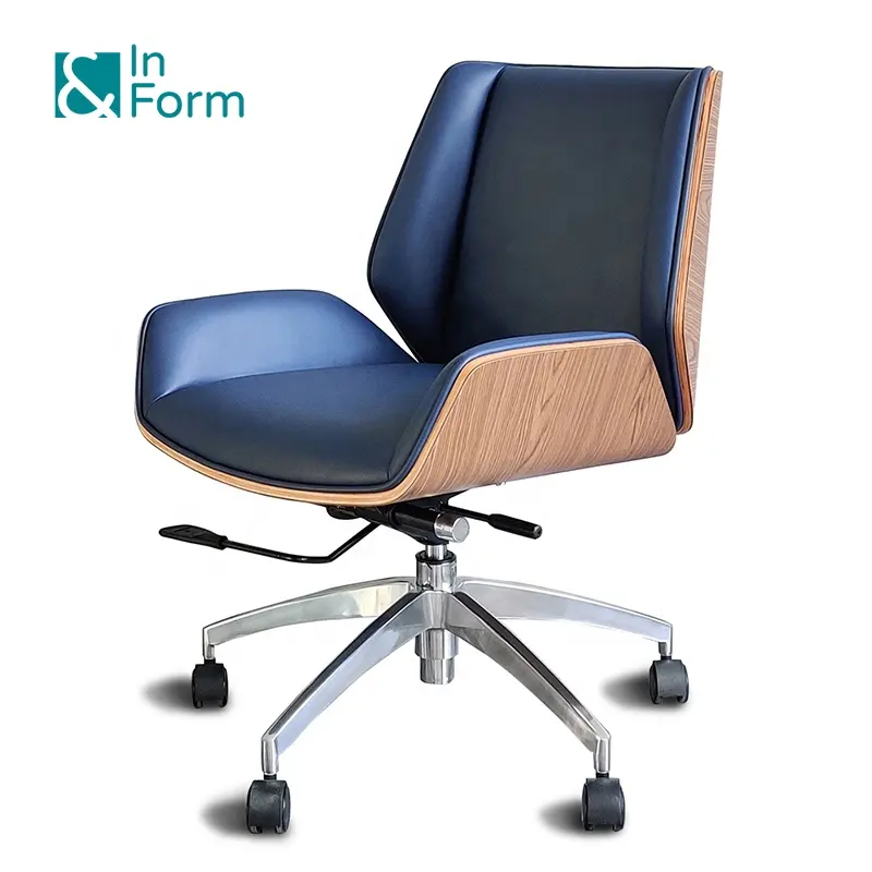 Sedia direzionale ergonomica con schienale medio in pelle PU leggera di lusso in compensato girevole a dondolo con sollevamento Home Office Boss Manager con rotelle