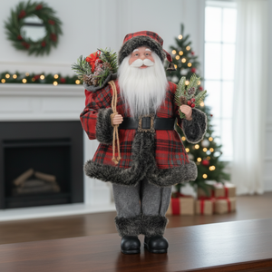 ของตกแต่งซานตาคลอสลายตารางบัฟฟาโลแบบคลาสสิก พร้อมกิ่งสนประดับขนสัตว์ สำหรับตกแต่งคริสต์มาสสไตล์คันทรีในบ้านไร่ ระเบียงบ้าน หรือกลางแจ้ง - Product Image 3