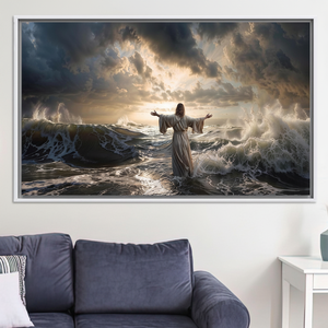 Jesus Walking on Water <b>Canvas</b> Spiritual Wall Art, Ocean Storm & Light,WHITE <b>FRAMED</b> <b>CANVAS</b> - Product Image 2