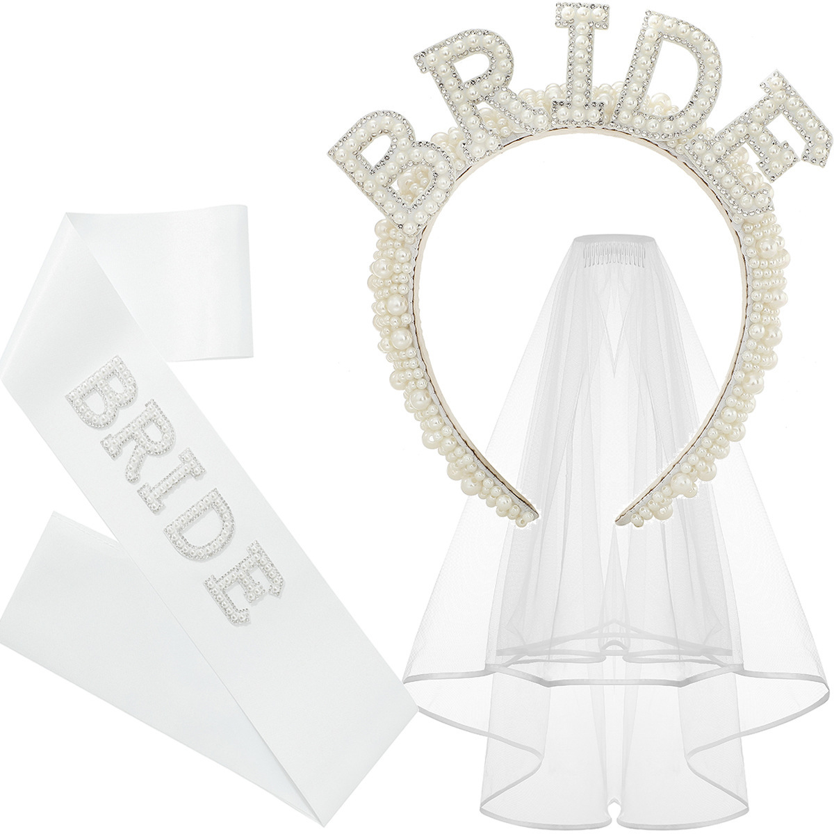 Bride white diamond three-piece hairband set