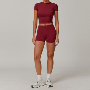 Set Maglietta e Pantaloncini Rosa Baby Non Trasparente da Donna per Corsa, Senza Imbottiture, Vestibilità <span class=keywords><strong>Slim</strong></span>, Alta Qualità, Abbigliamento Sportivo per Palestra e Fitness - Product Image 2