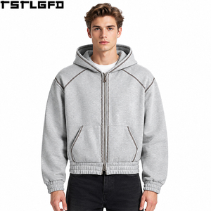 Sudadera con capucha para hombre, gris jaspeado, con cierre bidireccional, corte y confección, estilo oversize, corte cuadrado, ribete de puntada de cadena en contraste, mangas raglán, estilo streetwear, venta al por mayor - Product Image 1