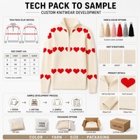 OEM Dames Aprikoskleurige Hartpatroon V-hals Kwartrits Geribbelde Breiwerk Trui Koreaanse Loose Fit Valentijnsdag Casual Pullover