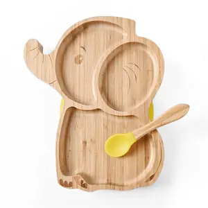 Baby Snack Wooden Tray With Suction Cup Dinner Plate Natural Bamboo Safe To Eat Baby Wood Tray