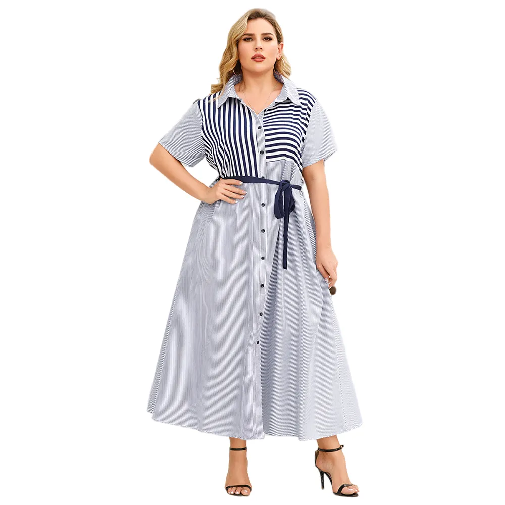 Cộng Với Kích Thước Của Phụ Nữ Dresses Drop-Hipping Mùa Hè Lỏng Thẳng Ăn Mặc Châu Âu Phụ Nữ Văn Phòng Áo Sơ Mi Sọc Giản Dị Dresses Màu Xanh