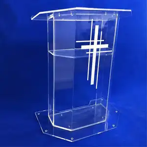 Modern Designs Custom Acrylic Clear Podium Church Pulpit With Christian Church Cross Easy Assemble Stand Up Lectern