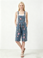 Combinaison en jean à imprimé floral pour femme, salopette vintage sans manches, taille haute, jambe large, style décontracté streetwear, combishort en jean 2026