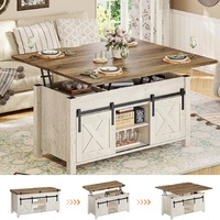 Table basse de style ferme moderne avec porte de grange, en bois bicolore et étagères de rangement dissimulées, grande capacité, pour salon