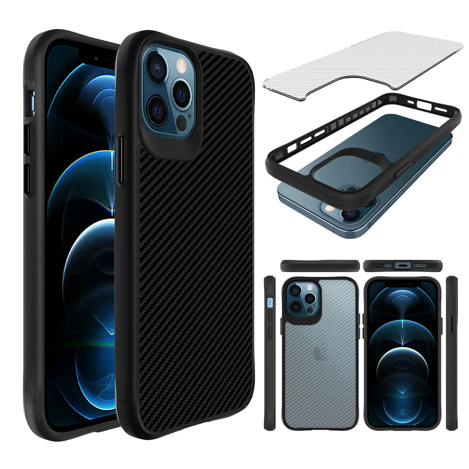 Carbon Fiber TPU PC 2 in 1 Phone Back Cover For iPhone 13case 13 Pro 12 Pro Max 11 SE2 Shockproof Business Style Cell Phone Case