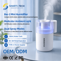 Humidificateur de bureau miniature BW-2, humidificateur d'air à brume froide USB avec lumière ambiante RVB, deux modes de pulvérisation, humidificateur portable de type C