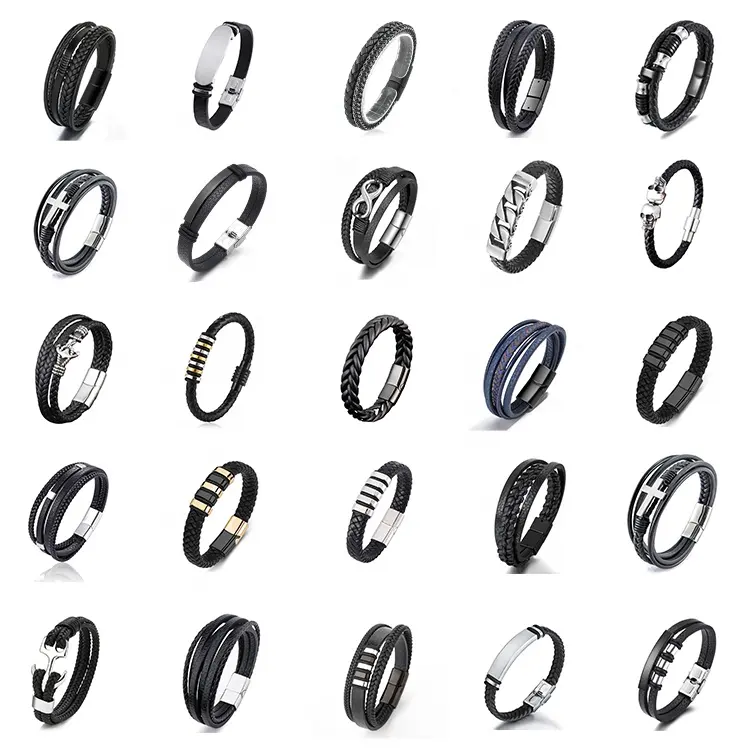 Promotion Wristband High Quality Custom Personal Engraved Stainless Steel Black Leather Rope Wrap Bracelet Men Jewelry