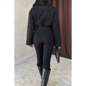 Manteau élégant en cachemire noir tissé à manches longues pour femme, idéal pour rester au chaud - Product Image 2