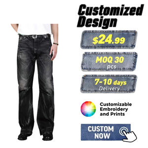 다크 빈티지 하이 웨이스트 플레어 청바지 가벼운 워시 고민 스타일 100% 면 자수 가을 ODM - Product Image 1