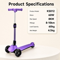Trottinette électrique pour enfants à 3 roues Gentle Start, 60W, 21.6V, 2.0Ah, lithium, sans balais, pliable, étanche, réglable 60-78cm, 8km/h, 8-10km