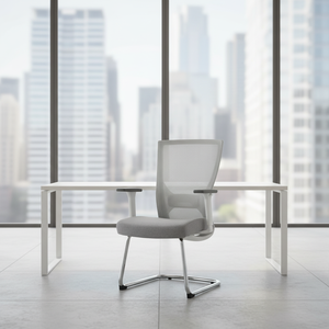 Chaise de bureau à dossier en maille, pieds fixes en métal, gris et blanc, chaise de réunion pour le personnel, respirante, confortable, chaise de réception, vente en gros - Product Image 1