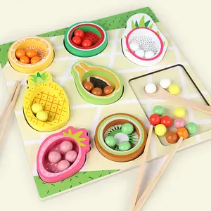 Unisex Montessori Wooden Education Toy CPC CE Certified Fruit Cognitive Matching Puzzle Game Color Sorting Clip Beads For Kids