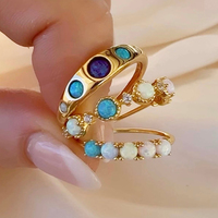 Bague Chunky Gemnel en Argent 925 Plaqué Or 14K avec Opale Bleue Ombrée Sertie en Bezel, Cinq Pierres Dégradées, Fine et Empilable pour Femme