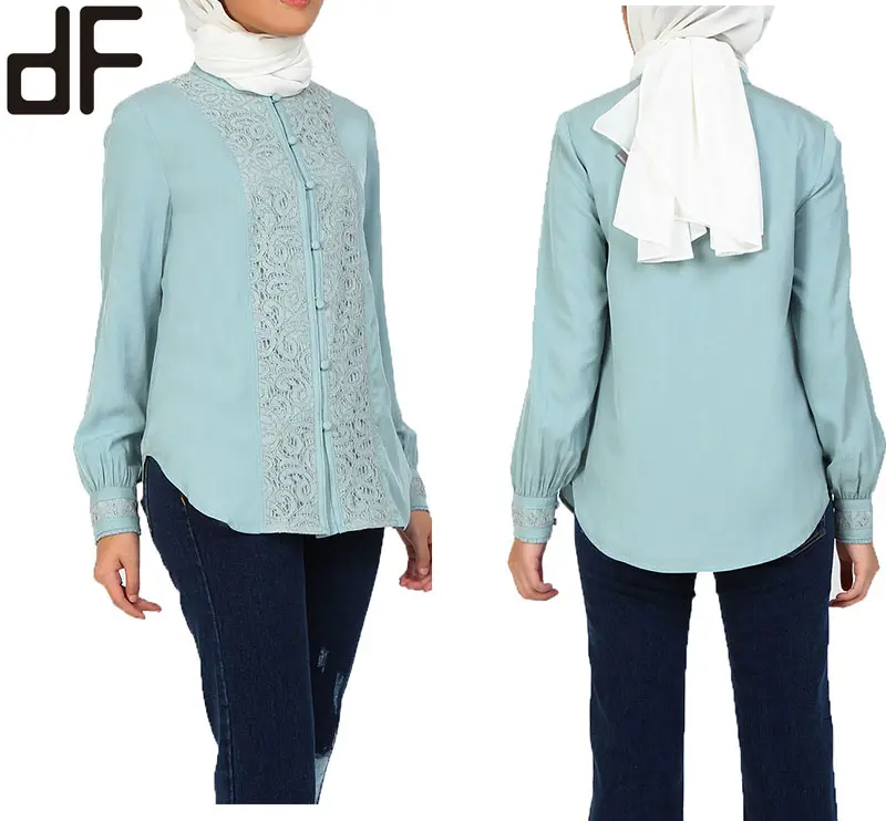 OEM-Blusa de diseño de moda personalizada para mujer, blusa musulmana de Malasia con encaje frontal, blusa bordada étnica para mujer