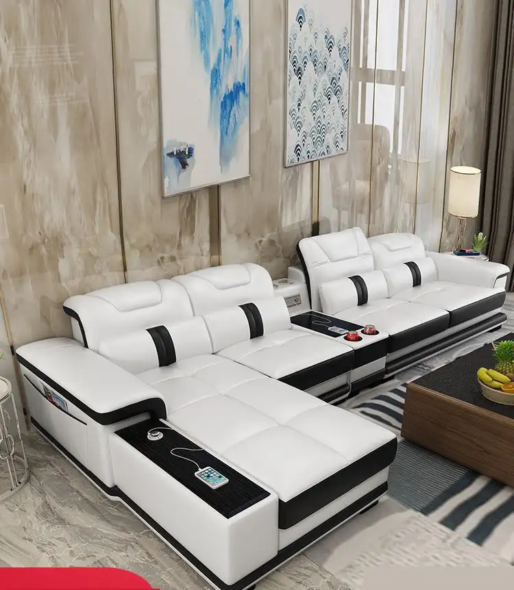 Hot Sales Professional L Shaped Modern Sectional Black and White Leather Functional Living Room Sofas Set with Speaker for Home