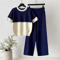 Ensemble deux pièces en viscose tricotée, haut à manches courtes avec bordure en dentelle et pantalon large, élégant et décontracté pour femme de bureau, tenue 2 pièces
