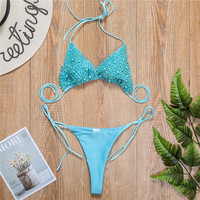 Nouveau maillot de bain deux pièces pour femmes 2025, bikini perlé, maillot de bain sexy à lanières fines
