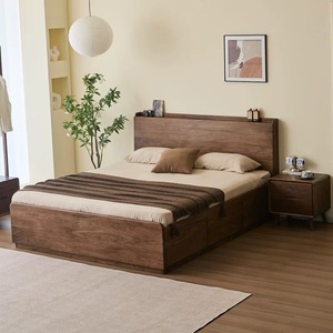 Modern Furniture <b>Size</b> King Double Walnut Wood <b>Beds</b> Nordic Simple Storage <b>Bed</b> Wooden Frame Foe Home BZ-166 Nordic Solid Wood <b>Bed</b> - Product Image 1