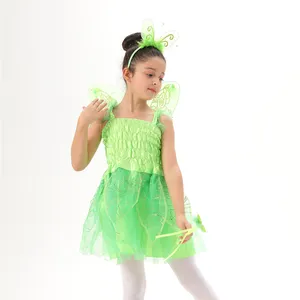 Pafu Kids Cosplay Set Of 4 Pcs Holiday Fairy Costume Green Hairbands Wings Wands 3 Layers Tutu Skirts Kids Party Dress Up Cloth