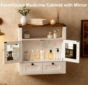 Armoire de salle de bain murale rustique de style ferme avec miroir, <span class=keywords><strong>porte</strong></span> <span class=keywords><strong>coulissante</strong></span> de type grange et tiroirs de rangement pour cuisine, buanderie et entrée - Product Image 4