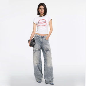 Pantalones Cargo Creativos de Patchwork para Mujer, Estilo Y2K, Jeans Holgados de Pierna Recta, Jeans Azul Claro de Corte Relajado, Pantalones de Mezclilla para Mujer - Product Image 1