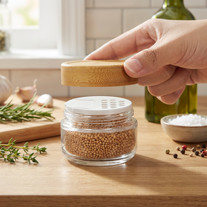 Organizzatore per Condimenti da Cucina, Set di Portabottiglie in Vetro per <span class=keywords><strong>Spezie</strong></span>, Dispenser con Coperchio in Bambù e Base in Legno - Product Image 3