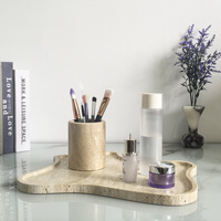 Plateau de rangement et sous-verre personnalisés en marbre travertin beige avec texture antique pour bijoux, bougies et décoration de table de salle de bain