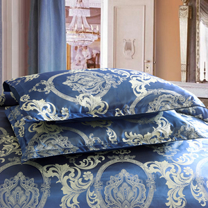 Juego de edredón Jacquard azul real sedoso de satén de lujo de estilo barroco Retro europeo patrón impreso con cremallera oculta - Product Image 3