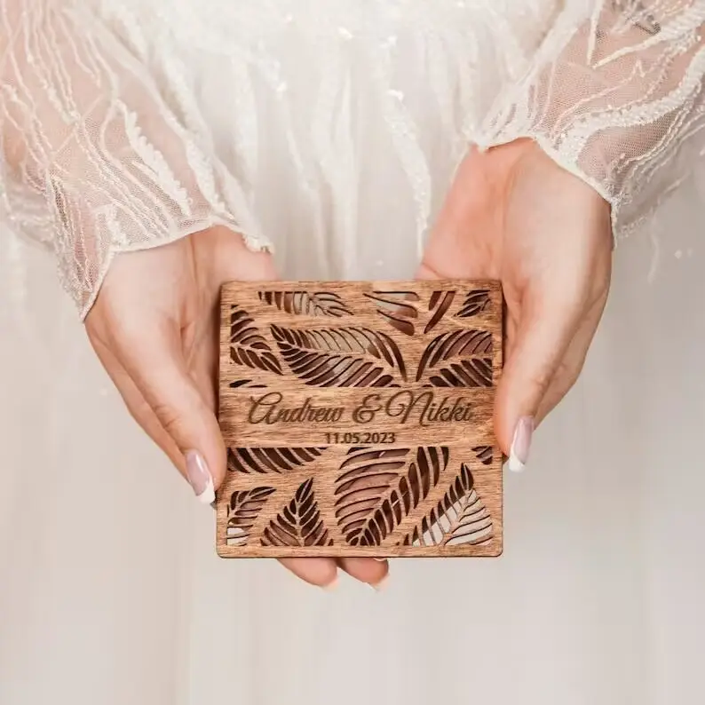 Su misura in legno fai da te stampa a colori rotonda forma quadrata personalizzata invito a nozze sottobicchiere regalo di nozze
