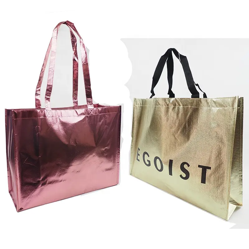 Promotional non woven tote shopping bag holographic metallic gold laminated gift bag with gusset