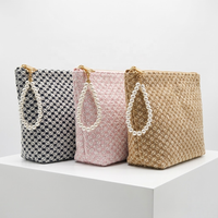 Pochette de maquillage portable en tweed tissé de luxe avec fermeture éclair, logo personnalisé, poignée en perles, emballage cadeau, pour parfum, soins de la peau, beauté, GWP