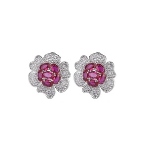 Fashion Statement Jewelry Eco-friendly Copper Silver Plated Micro Pave Oval Cut <b>Red</b> Zircon Large Flower Stud <b>Earrings</b> for Women - Product Image 1