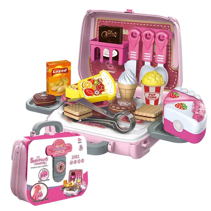 새로운 디자인 어린이 음식 놀이 세트 3 In 1 DIY 디저트 장난감 학교 가방 과자 베이커리 키트 역할 놀이 장난감